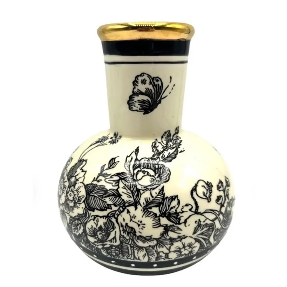Mud Pie Small Black & White Floral Butterfly Bud Vase Gold Rim 5.25